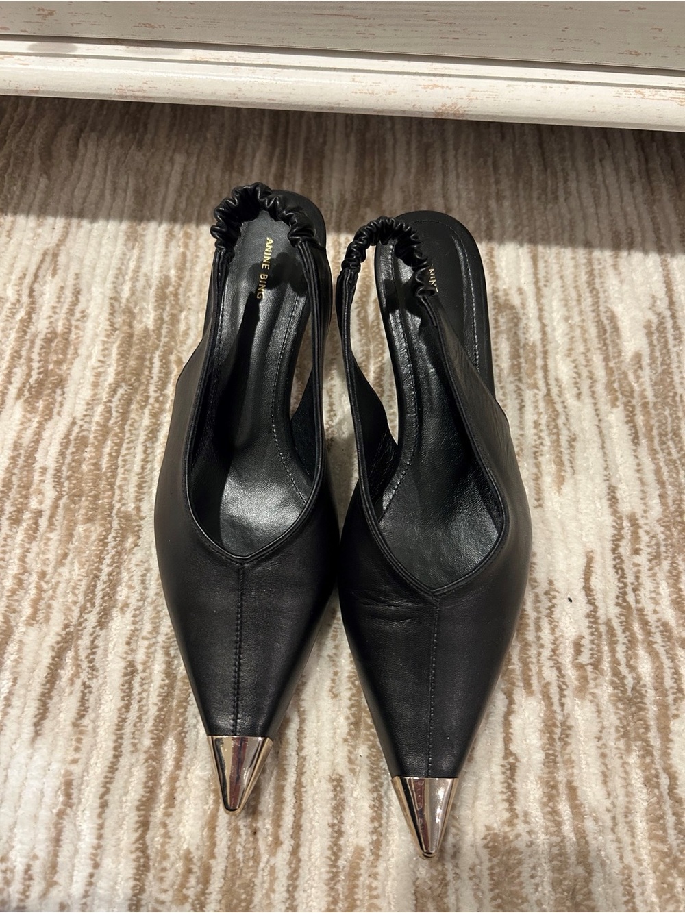 ANINE BING Black Leather Pointed-Toe Slingback Heels – Size 39